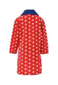 Red fleece robe featuring a collar and long sleeves, adorned with white star patterns throughout. Soft texture and relaxed fit.