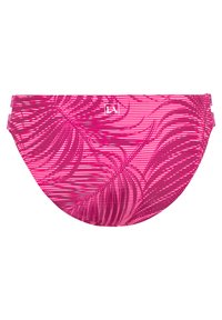 Roze bikini onderkant met een palmbladpatroon, gemaakt van rekbaar materiaal, met twee zijkoordjes, een medium hoge taille en een gladde textuur.