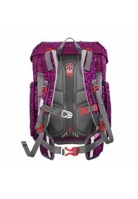 Purple and gray backpack featuring adjustable straps, buckles, and a textured pattern. Includes a logo and multiple attachment points.