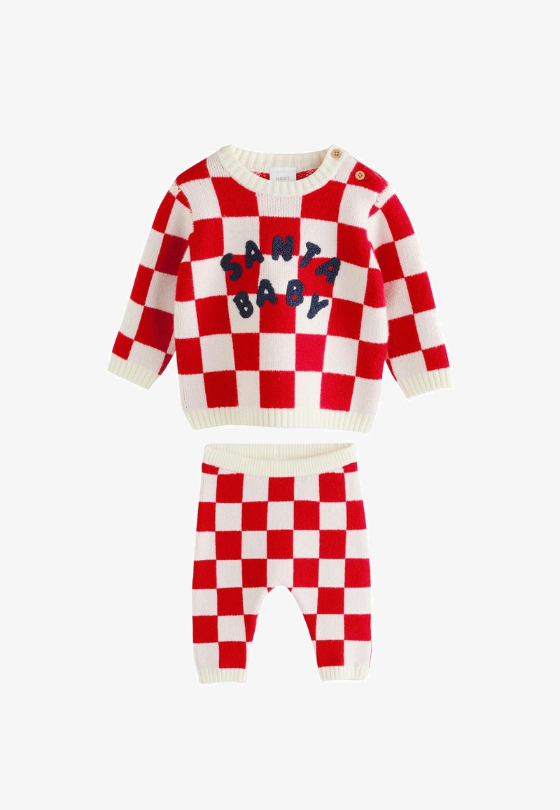 Red and white checkered baby sweater with "SANTA BABY" stitched in navy, paired with matching checkered pants, all in soft knit fabric.