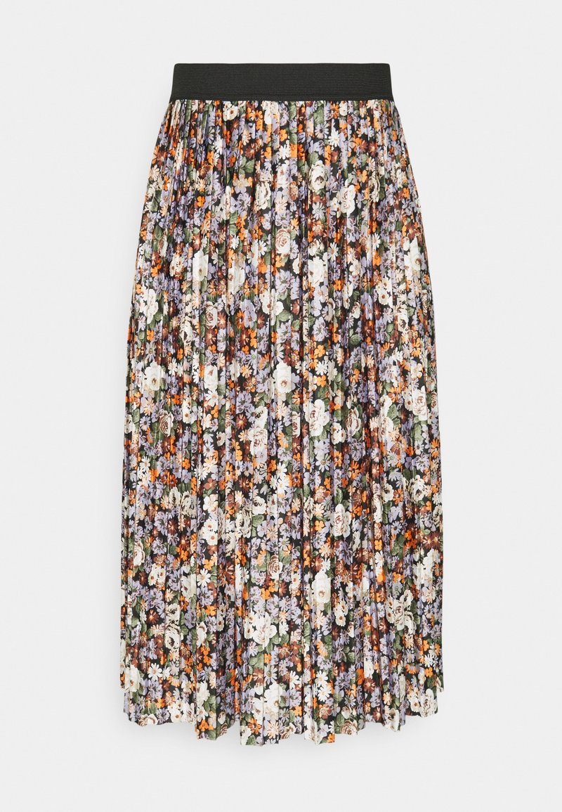 Jupe midi plissée avec une ceinture élastique noire et un imprimé floral en blanc, orange, violet et vert sur fond noir.