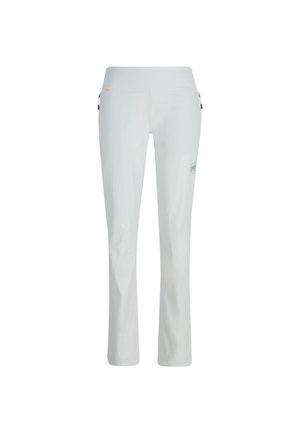 Jasnoszare spodnie o prostych nogawkach, ze średnim stanem, zapinane na zamek boczne kieszenie oraz małe okrągłe logo na prawej udzie.