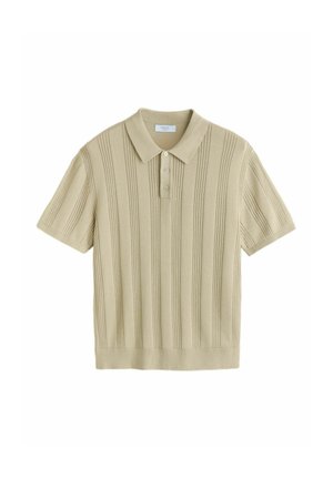 Beige Polo-Shirt mit kurzen Ärmeln und geripptem Stoff, Drei-Knopf-Leiste und vertikalen Streifen. Weicher Stoff mit normaler Passform.