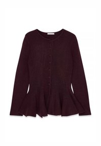 Burgundský pletený kardigán s dlhými rukávmi, okrúhlym výstrihom a zapínaním na päť gombíkov. Má rozšírený lem v oblasti pásu.