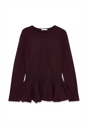 Cárdigan de punto burdeos con mangas largas, cuello redondo y cierre de cinco botones. Presenta un dobladillo acampanado en la cintura.