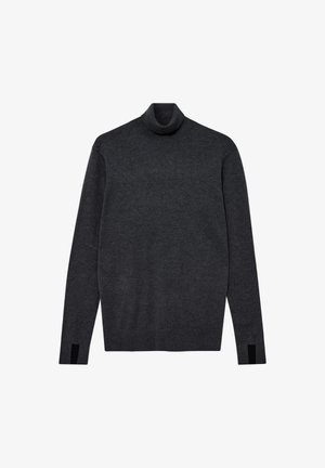 Dark gray turtleneck sweater made of soft fabric, featuring long sleeves and black accents at the cuffs. Simple, fitted design.