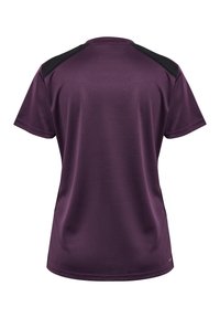 T-shirt de sport à manches courtes de couleur violet foncé avec des panneaux noirs aux épaules, vu de dos.