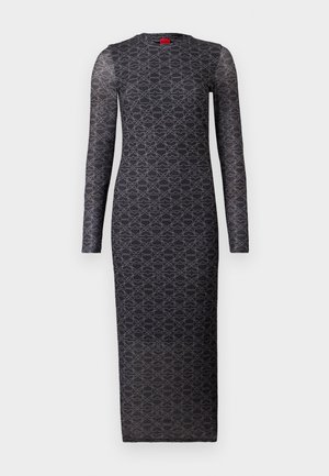 Zwart jurk met lange mouwen en een geometrisch grijs patroon, gemaakt van een gladde stof. Heeft een ronde halslijn en een figure-hugging silhouet.