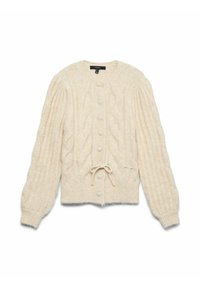 Krämmfärgad kabelstickad cardigan med rund hals, långa puffärmar och framknäppning. Inkluderar ett knyt i midjan och ribbad nederkant.