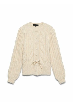 Kremowy kardigan z warkoczowym splotem, z okrągłym dekoltem, długimi bufiastymi rękawami i guzikami z przodu. Zawiera pasek w talii oraz ściągacz na dole.