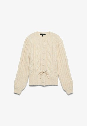 Kremowy kardigan z warkoczowym splotem, z okrągłym dekoltem, długimi bufiastymi rękawami i guzikami z przodu. Zawiera pasek w talii oraz ściągacz na dole.