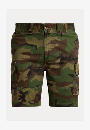 Kamuflaažiga tööpüksid, millel on roheline ja pruun muster, valmistatud vastupidavast kangast, küljetaskud ja nööpidega kinnis.