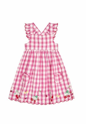 Rotes Gingham-Kleid mit Rüschenträgern, gewelltem Saum und bestickten Blumen- und Fruchtdetails. Mit zwei aufgesetzten Taschen vorne. Aus Baumwolle.
