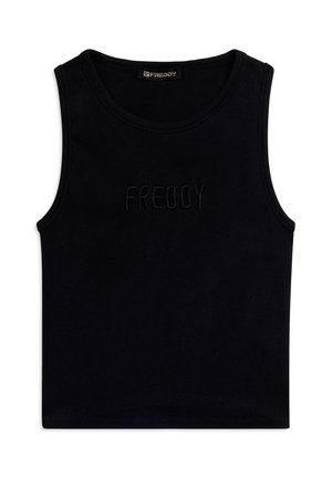 Camiseta sin mangas negra de canalé con escote redondo y el logo en relieve "FREDDY" centrado en el pecho.