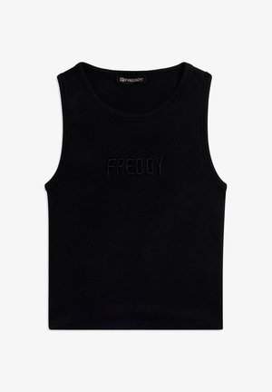 Débardeur noir sans manches en maille côtelée avec encolure ronde et logo "FREDDY" embossé centré sur la poitrine.