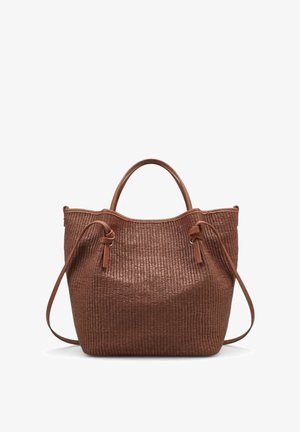 Brown woven tote bag with short handles and long strap, featuring drawstring ties on each side.