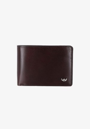 Dunkelbraune Leder-Bifold-Geldbörse mit glatter Textur und kleinem silbernen Logo in der unteren rechten Ecke auf weißem Hintergrund.