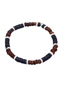 Pulsera de cuentas de madera con discos marrones, negros y blancos; textura suave; tamaños ligeramente variados; forma redonda. Cierre de metal.