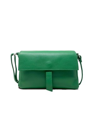 Borsa a tracolla in pelle verde con chiusura a pattina, tracolla regolabile e superficie liscia. Presenta un'etichetta frontale e un design semplice.
