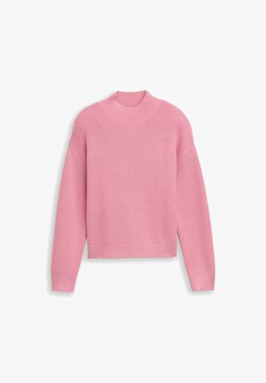 Világos rózsaszín bordázott pulóver magas nyakkal, hosszú ujjakkal és cropped fazonnal. Puha kötött anyagból készült, texturált felülettel.