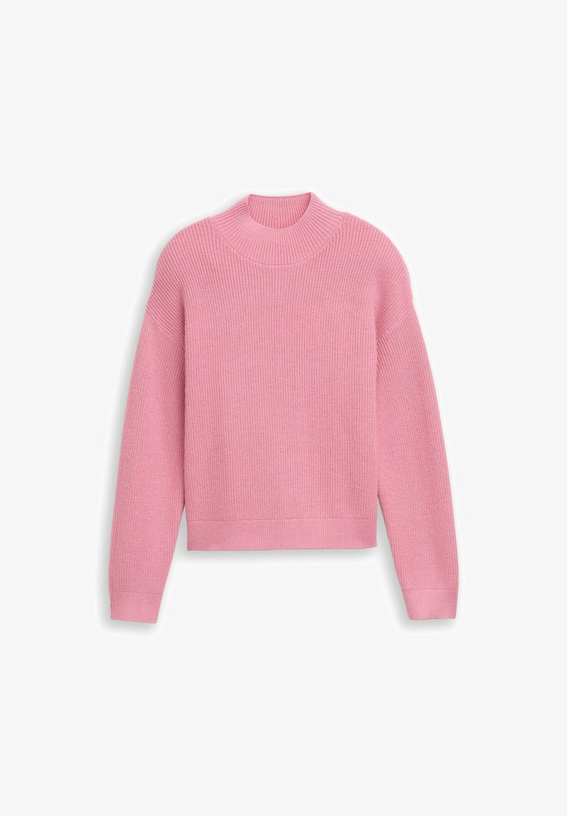 Light pink ribbed sweater with a high neck, long sleeves, and a cropped hem. Made from a soft knit material, featuring a textured finish.