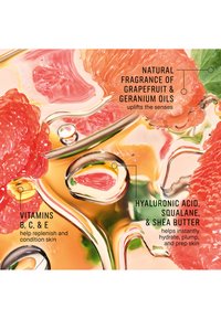 Fargerik væske med elementer av grapefrukt og geraniumolje, med dråper og en glatt tekstur. Teksten fremhever hudfordeler og ingredienser.