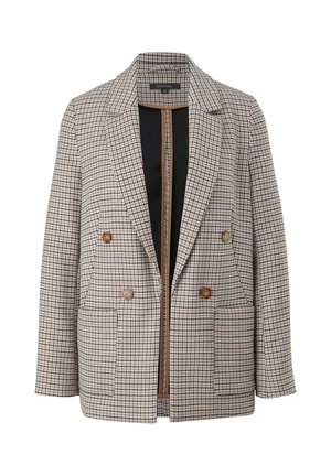 Veste beige et marron à carreaux à double boutonnage avec revers crantés et poches avant boutonnées, ouverte pour montrer la doublure noire.