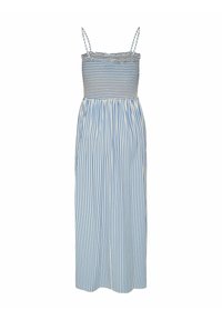 Blauwe en witte gestreepte maxi-jurk met een aansluitende smock-buste en verstelbare bandjes, gemaakt van lichte stof met een vloeiende rok.