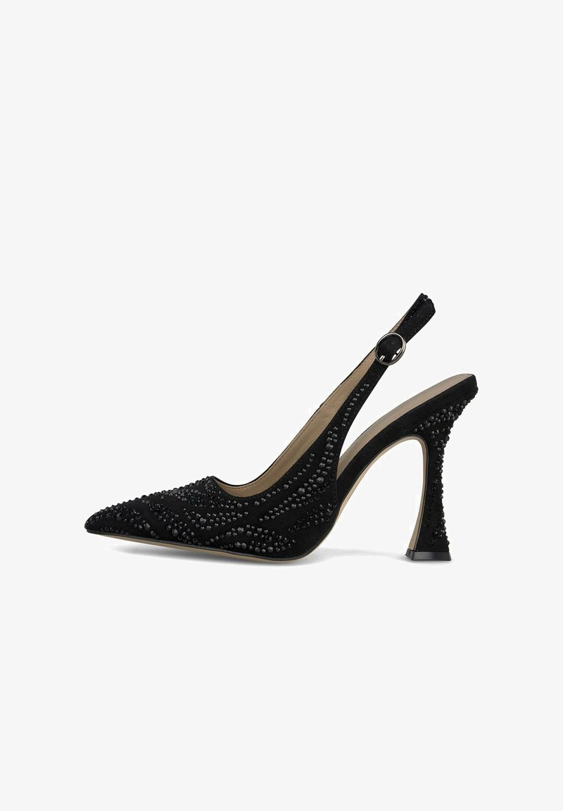 Pump slingback nera con punta affilata, decorata con motivi di perline, in materiale scamosciato e con un tacco a stiletto curvo unico.