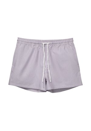 Zwemshorts voor heren in paars en witte strepen, met een elastische tailleband en een trekkoord, gemaakt van een zachte, lichte stof.