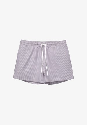 Zwemshorts voor heren in paars en witte strepen, met een elastische tailleband en een trekkoord, gemaakt van een zachte, lichte stof.
