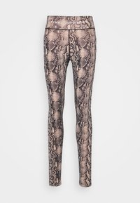 Legíny s hadím vzorem v odstínech béžové a hnědé, vyrobené z elastické látky, s širokým pružným pasem s logem.