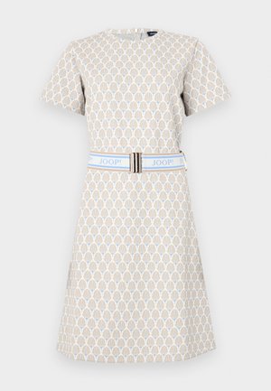 Short-sleeve dress in cream with a geometric blue and brown pattern. Features a blue belt with a silver accent and a round neckline.