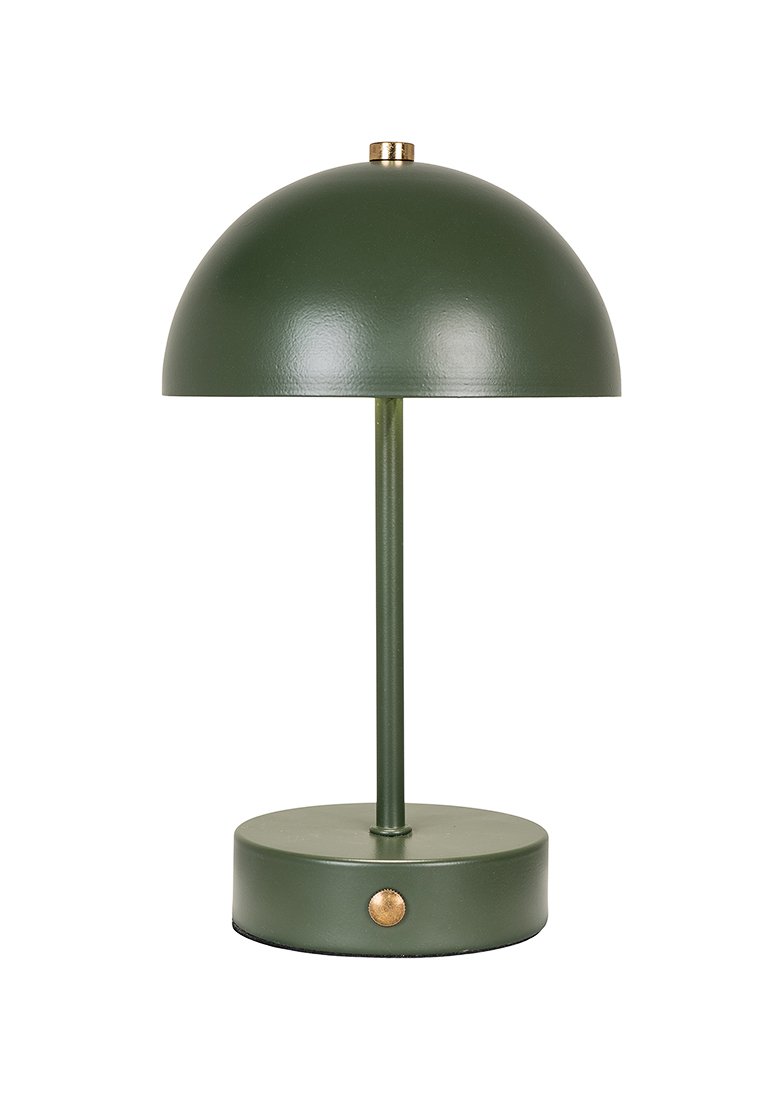 Grüne Metalltischlampe mit einem runden Schirm, zylindrischem Stiel und kreisförmigem Sockel. Mit einem Schalterdetail aus Messing.