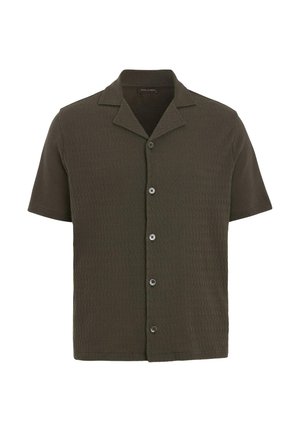 Mørkeolivengrøn kortærmet strikket skjorte med camp-krave og fem knapper foran.