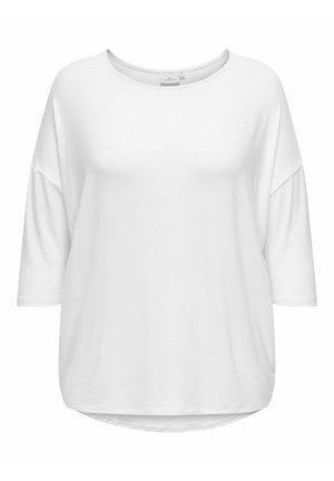 Chemise blanche, ample, à manches trois-quarts avec un col rond et un ourlet arrondi. Fabriquée en tissu doux avec une texture lisse.