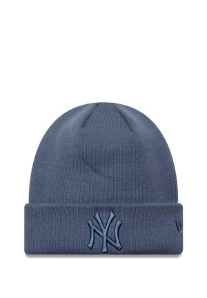 Blauer Strickmütze mit umgeschlagenem Design. Auf der Vorderseite ist das gestickte NY-Logo zu sehen. Das Material ist weich und strukturiert mit einer glatten Oberfläche.