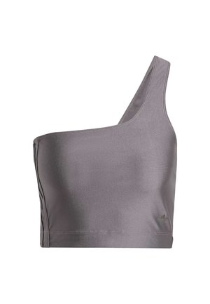 Asymmetrisk grå sportsbra laget av glatt stoff med en enkelt skulderstropp og minimale sømmer, med en liten logo detalj.