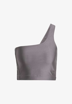 Asymmetrisk grå sportsbra laget av glatt stoff med en enkelt skulderstropp og minimale sømmer, med en liten logo detalj.
