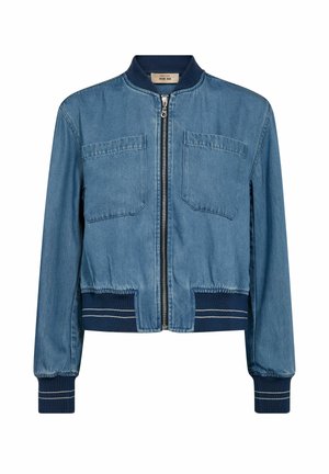 Hele sinine teksast pommitaja jakk esiluku, kahe rinnatasku ning valgete triipudega soonikkoes mereväe krae, varrukaaugud ja alumine äär.