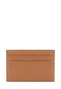 Portafoglio in pelle tan con finitura texture, dotato di quattro scomparti per carte e una forma rettangolare compatta.