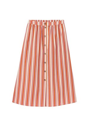 Jupe midi à rayures verticales rouges, orange et blanches avec boutons devant et taille froncée.