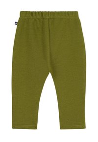 Olijfgroene leggings van zachte, elastische stof. Voorzien van een elastische tailleband en taps toelopende benen, met een gladde textuur en zonder patronen.