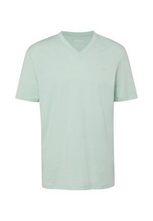 Hellgrünes T-Shirt mit kurzen Ärmeln und V-Ausschnitt, dezentes Logo auf der linken Brust, aus weichem, leichtem Stoff gefertigt.