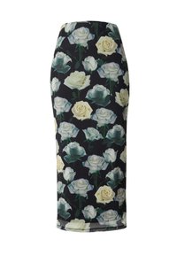 Bloemige pencil skirt met een zwarte achtergrond en witte en crèmekleurige rozenprints. Gemaakt van een soepele, rekbare stof met een aansluitende silhoutte.