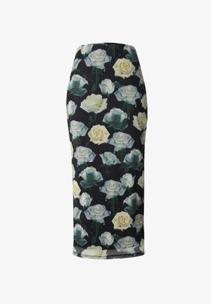 Blumige Bleistiftrock mit schwarzem Hintergrund und weißen sowie cremefarbenen Rosenmotiven. Hergestellt aus einem glatten, dehnbaren Stoff mit enganliegender Silhouette.