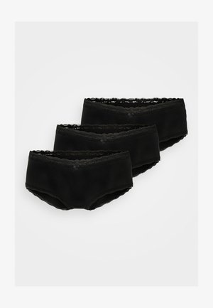 Fekete pamut bugyi, három darabos szett, csipkés szegéllyel a derékrészen, sima textúrával és kis masni díszítéssel elöl.