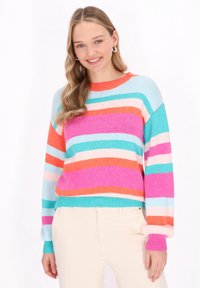 Pullover in maglia con strisce orizzontali nei colori rosa, arancione, turchese e azzurro. Maniche lunghe con polsini e orlo a costine.