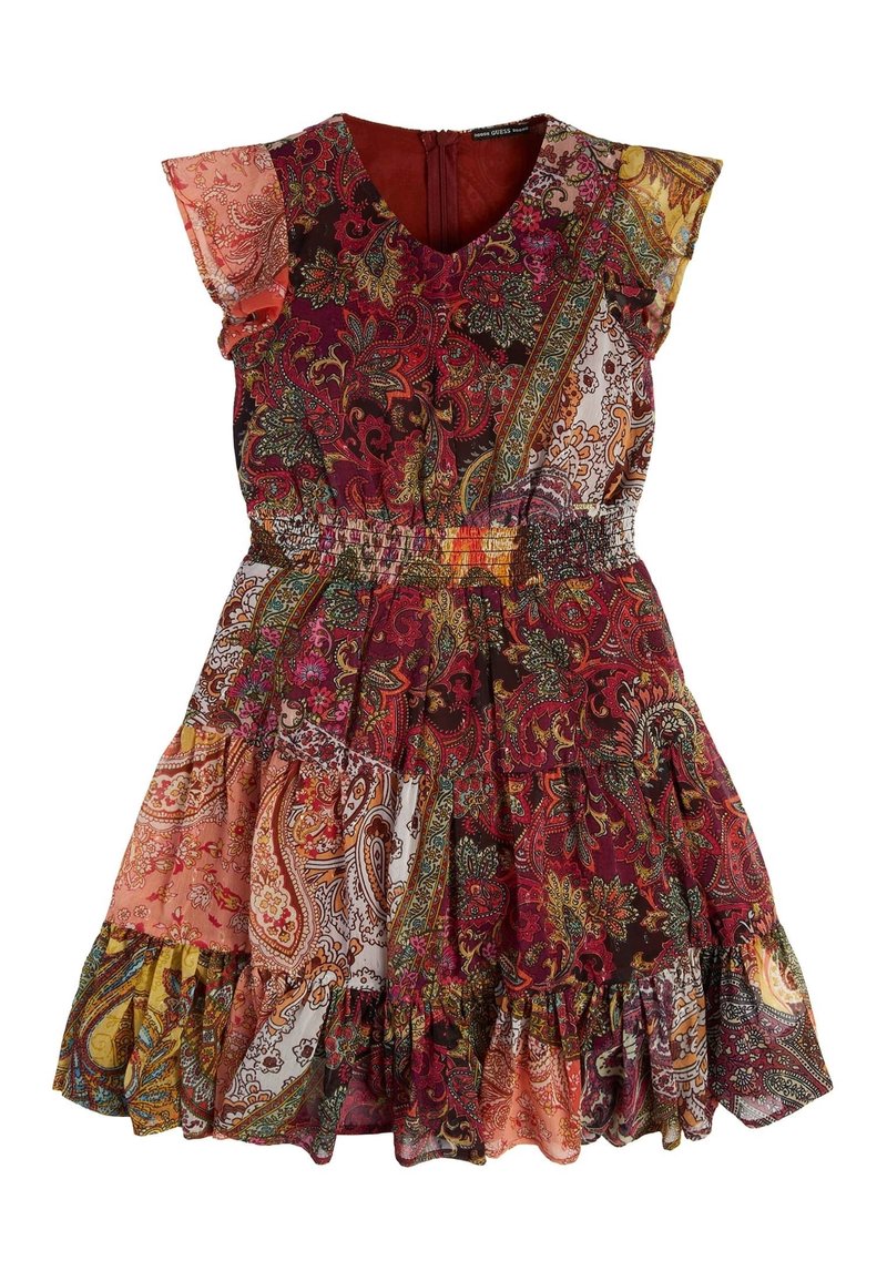 Sukienka z krótkim rękawem w kwiatowy wzór, z dekoltem w szpic, zgromadzonym w talii i warstwowymi falbanami. Przeważająca barwa to ciemna czerwień, z odcieniami pomarańczowego i zielonego.