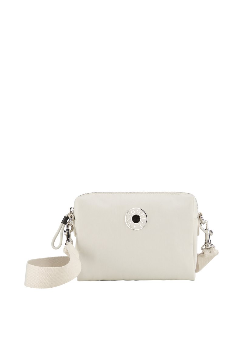 Borsa a tracolla bianca in nylon con superficie texture, hardware circolare argentato, chiusura con zip e una tracolla staccabile per maggiore versatilità.